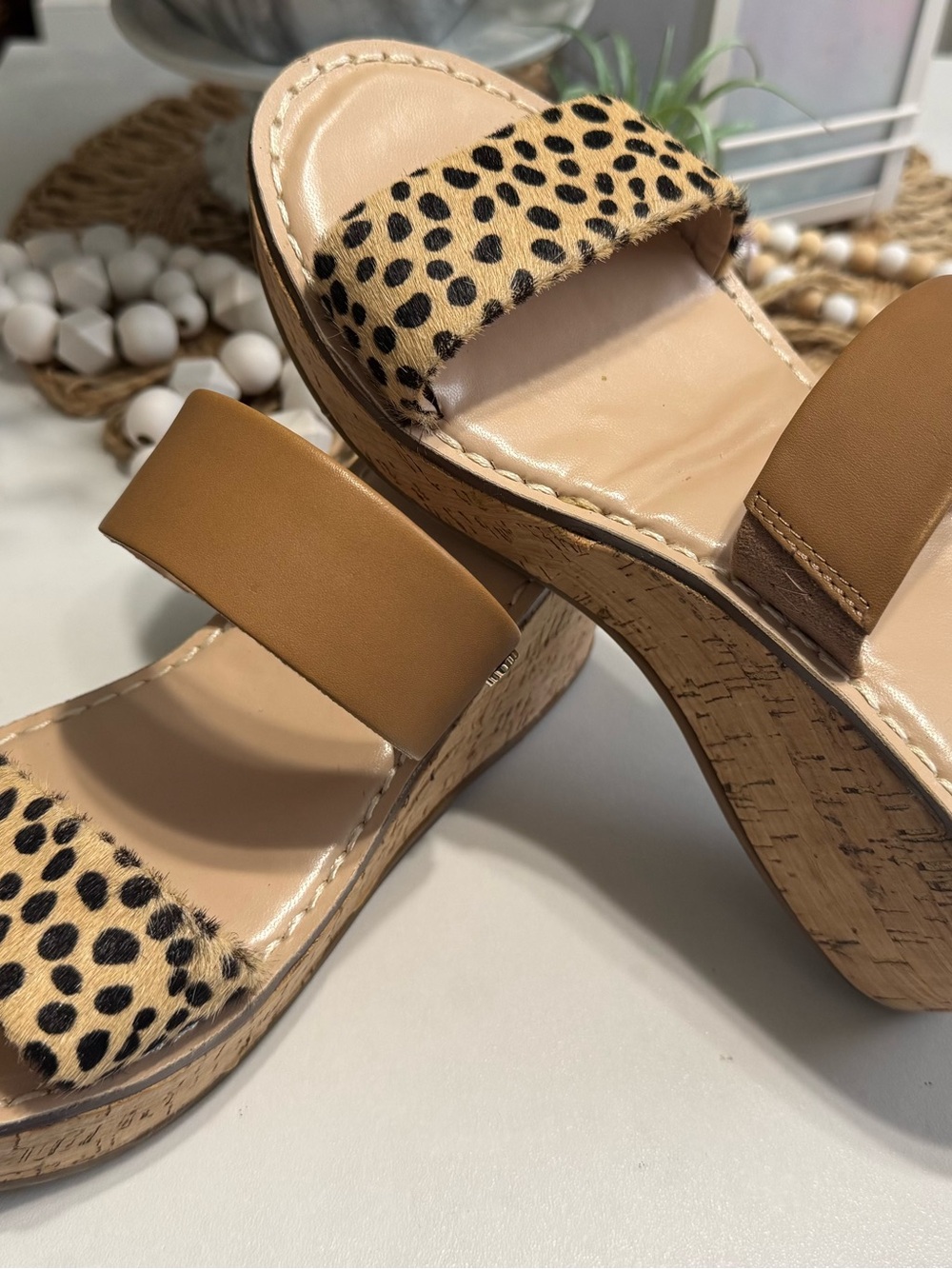 crown & ivy Leopard Print Cork Wedge Slide Sandals - Tan